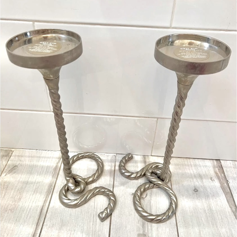 🆕2 West Elm Brass Twisted Rope Pillar Candle Stands